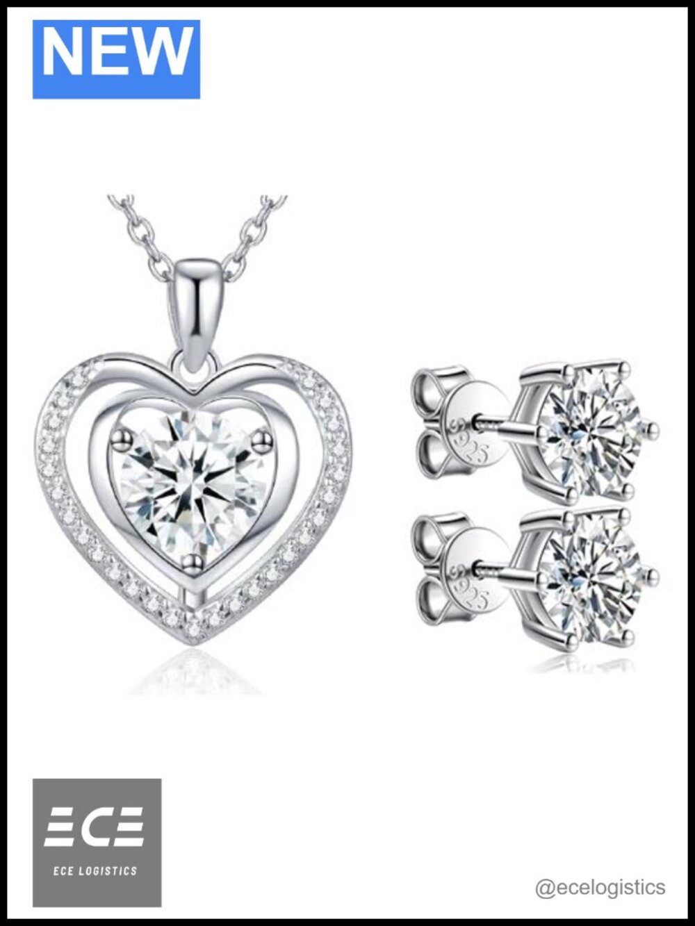 Diamond Heart Pendant Necklace Moissanite Stud Earrings Jewelry Gift Set 3
